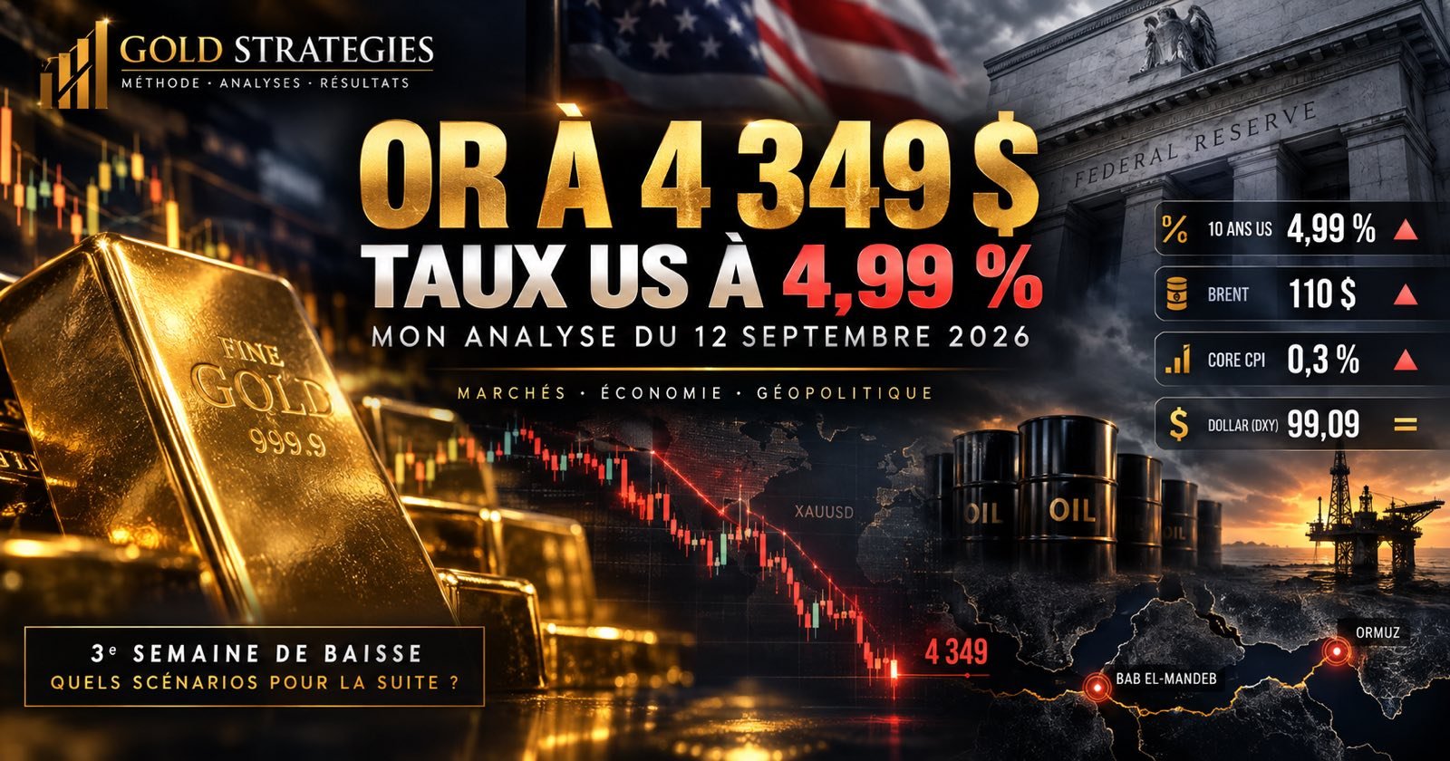 Or à 4 349 $, taux US à 4,99 % : mon analyse du 12 septembre 2026 — Gold Strategies