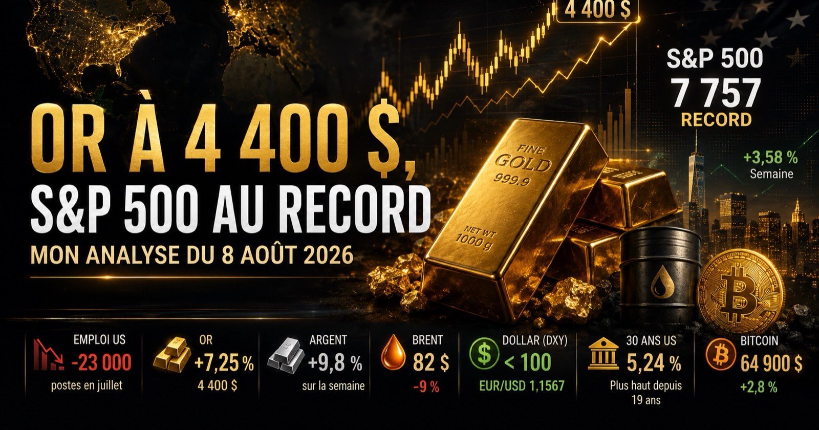 Or à 4 400 $, S&P 500 au record : mon analyse du 8 août 2026 — Gold Strategies