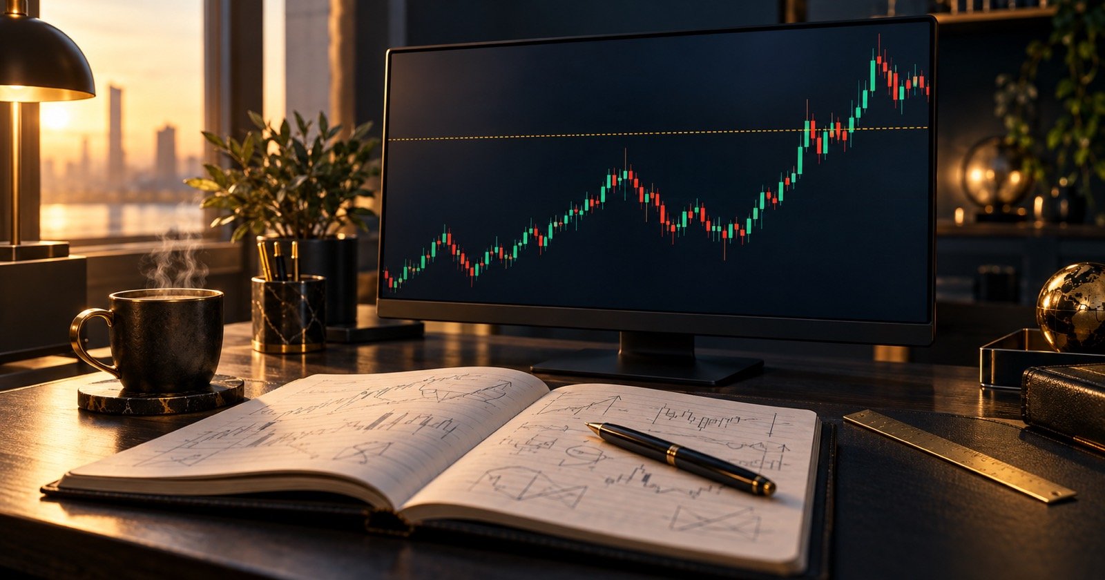 Bureau de trader débutant : un graphique de l'or en chandeliers sur un écran, un carnet de notes ouvert et une tasse, à l'aube — apprendre le trading de zéro