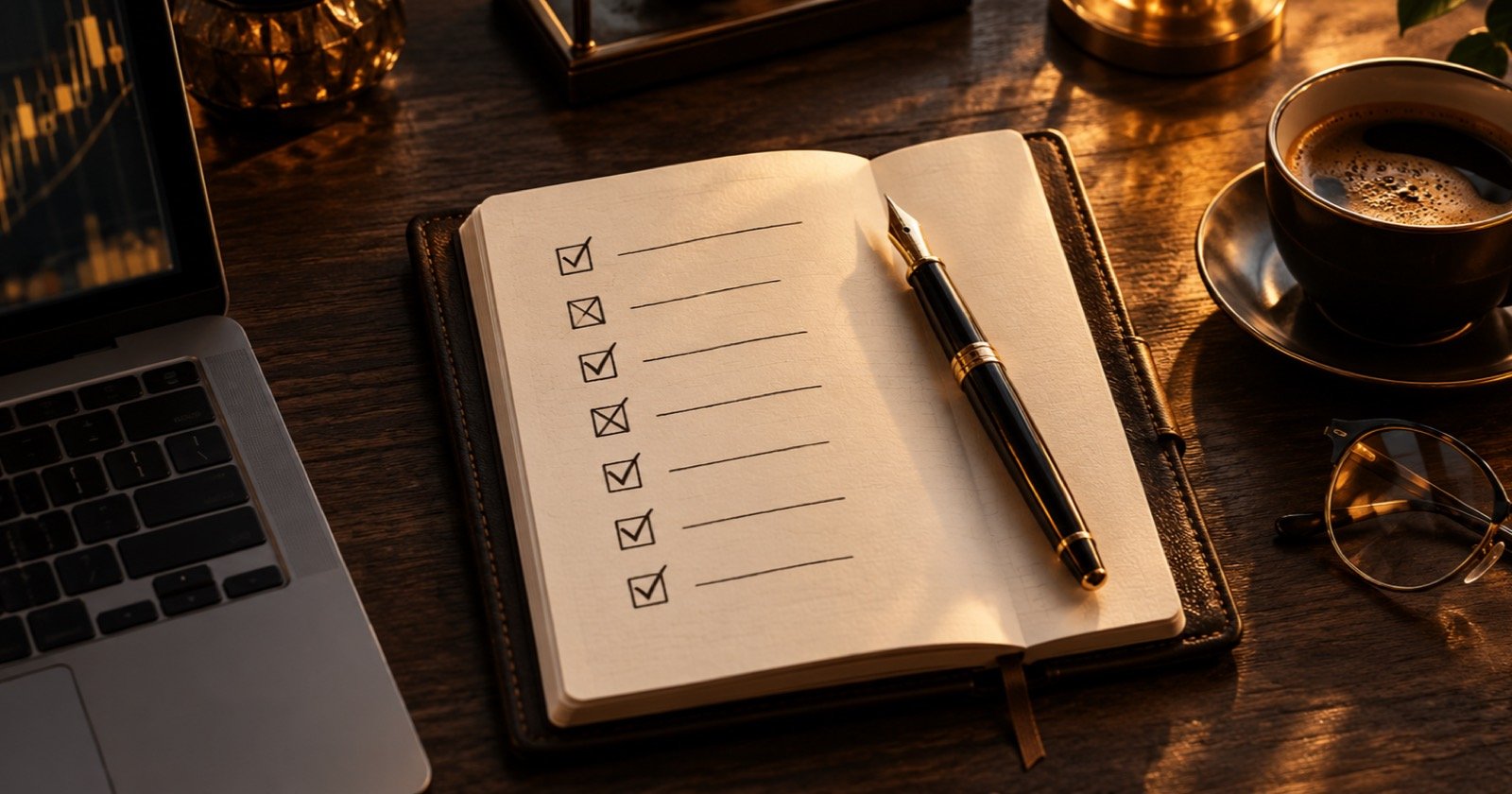 Bureau en bois vu de dessus : un carnet ouvert avec une grille de critères cochés à la main, un stylo et un écran affichant un graphique de l'or en chandeliers — choisir une formation trading