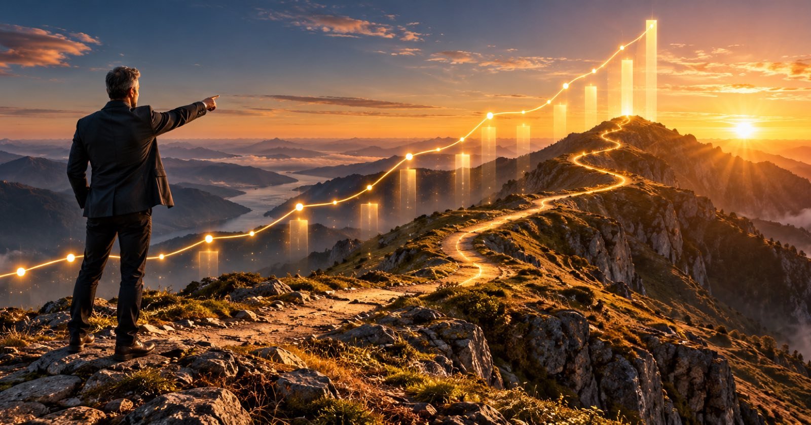 Un homme sur un chemin de crête au lever du soleil montre la direction à suivre ; devant lui, une courbe dorée monte par paliers vers le sommet
