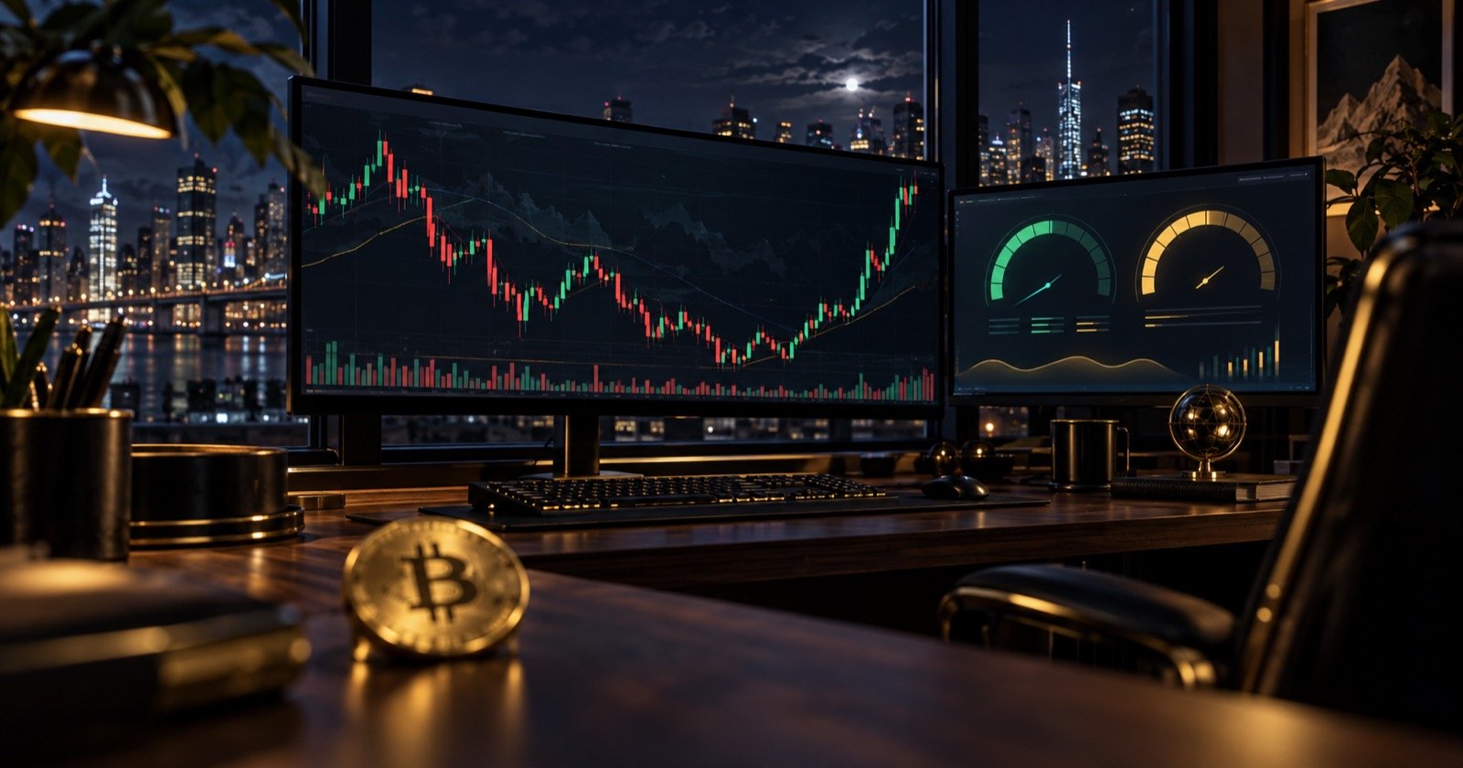 Graphique du Bitcoin en chandeliers sur un écran de trading, et deux jauges évoquant les limites de perte d'un compte de prop firm — trader la crypto avec un capital financé