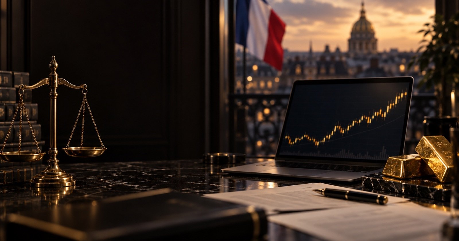 Balance de justice, drapeau français et graphique du XAUUSD sur un bureau de marbre noir — le cadre légal et fiscal français du trading en prop firm