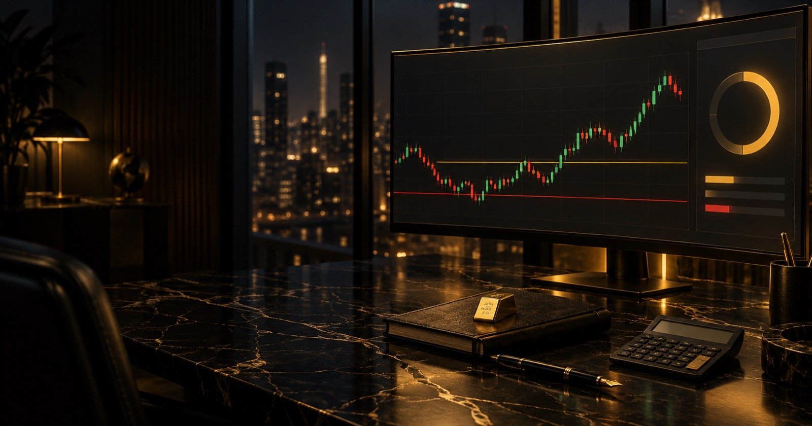 Écran de suivi d'un challenge de prop firm avec jauges de perte journalière et de perte maximale, à côté d'un graphique de l'or — réussir son évaluation par la gestion du risque