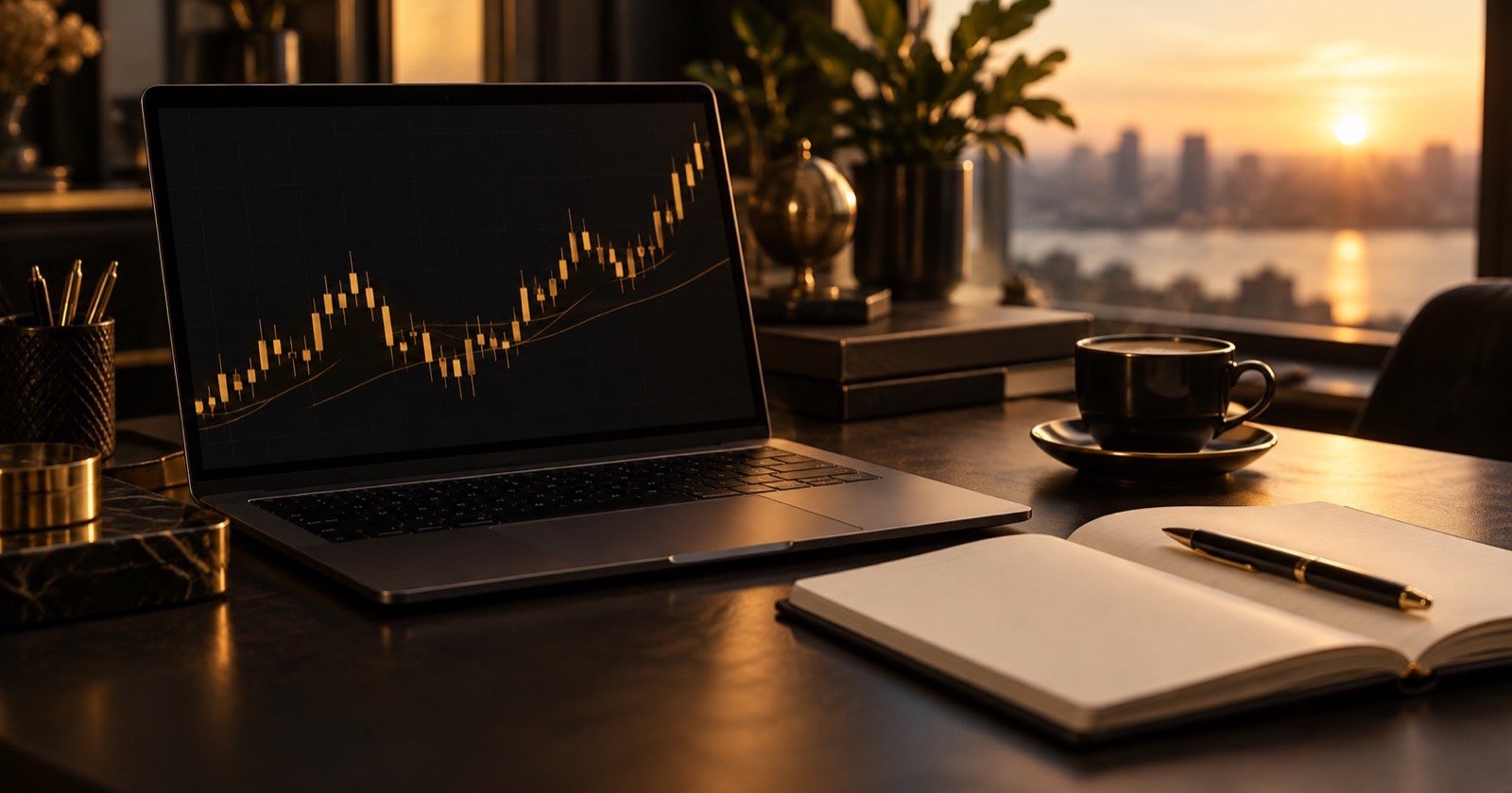 Premiers pas d'un débutant en trading : un ordinateur portable affichant un graphique de l'or en chandeliers, un carnet vierge et un stylo posés à côté