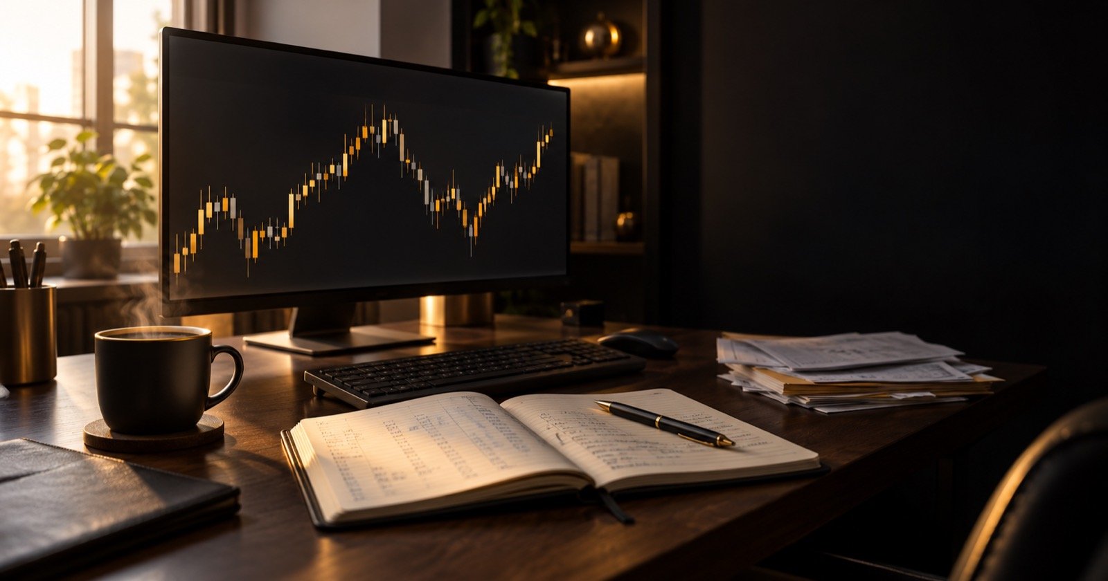 Le bureau d'un trader indépendant au petit matin : deux écrans affichant un graphique de l'or, une tasse de café et un carnet de comptes ouvert sur une table en bois
