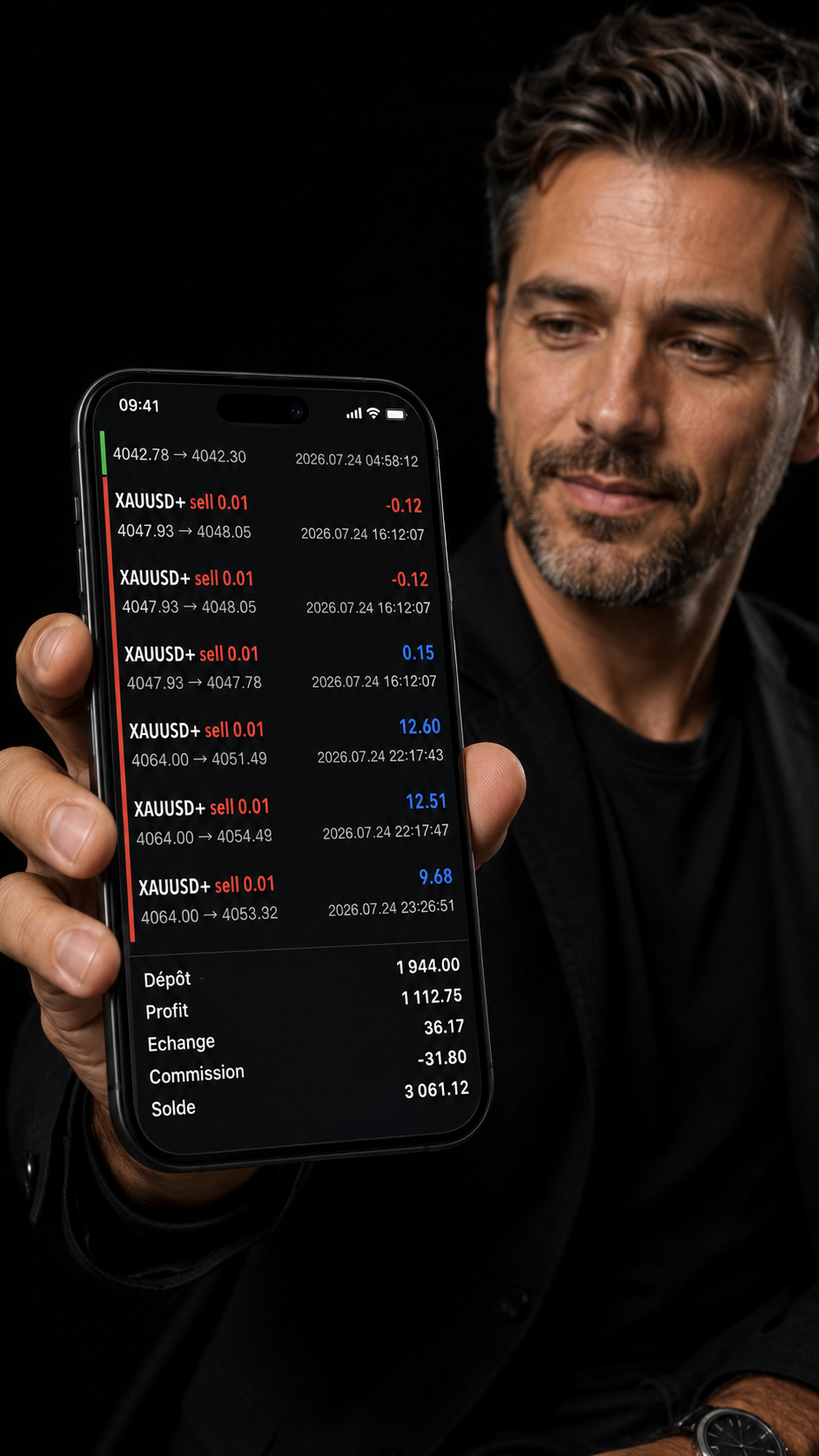 Résultats de trading affichés sur téléphone — preuve de transparence Gold Strategies